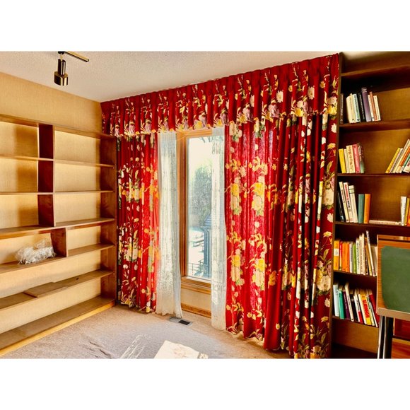 Handprinted Italian Linen Curtain Set with Valence Vtg 80s Custom Made Luxury Re - Picture 1 of 2